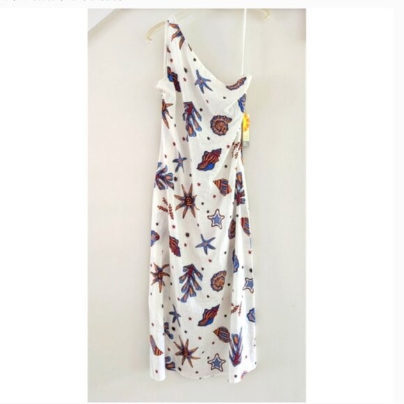 Linen Blend Shell Print One-Shoulder Nautical Seashell Dress - Picture 2 of 4